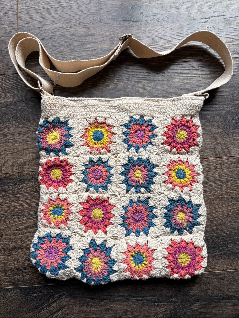 Crochet Floral Crossbody Bag in Cream with Pink & Blue Accents